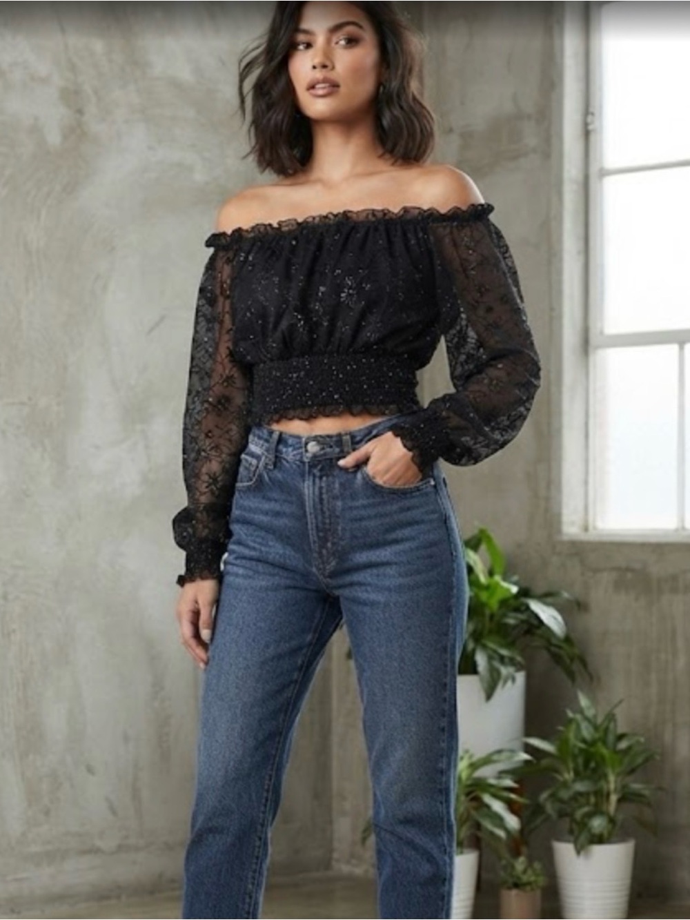Y2K Chelsea Nites Sparkle Floral Black Off Shoulder Cropped Blouse Small